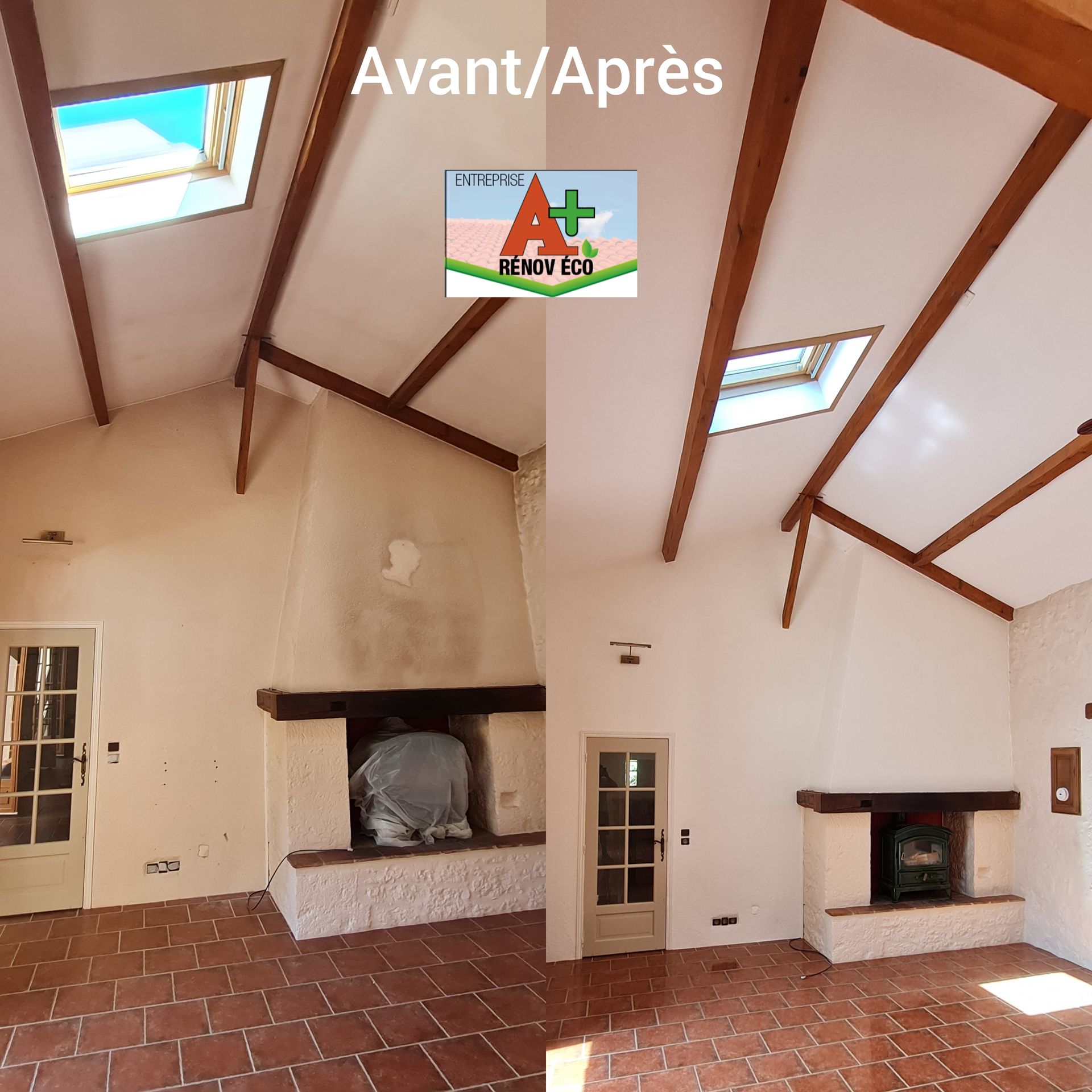 Rénovation de peinture intérieure blanche pour un salon avec cheminée, photo avant/après