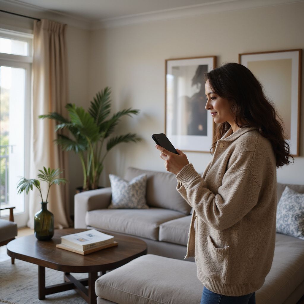 Woman in a living room, using a phone. She wears a beige sweater and smiles. Sunlight streams in.