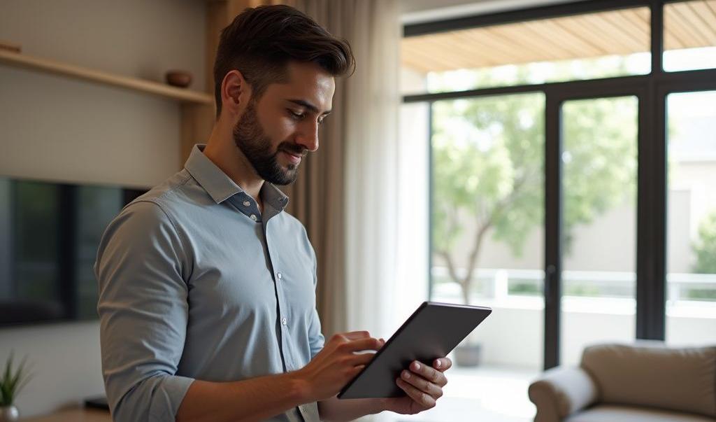 Man with a beard, smiling, using a tablet indoors, near a window and sofa.