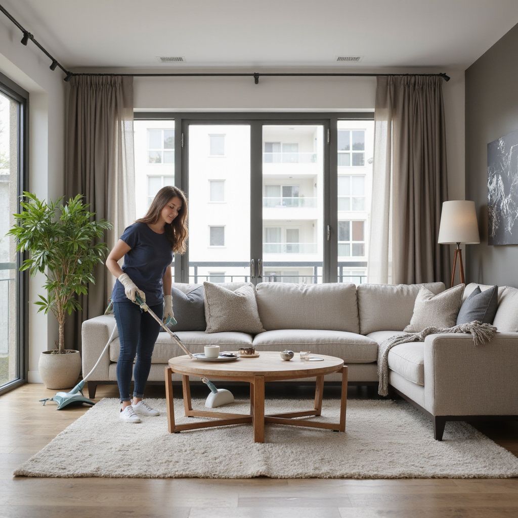 Woman vacuuming rug in a modern living room with large windows, neutral colors.
