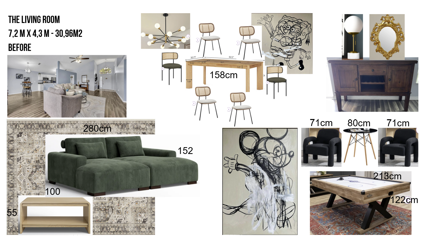 Living room design concept, featuring furniture: sofa, dining table, chairs, artwork, rug, pool table, lighting.