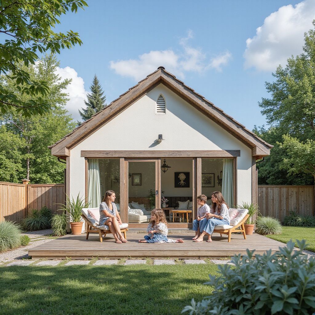 People relax on a wooden deck in front of a white house with a thatched roof, surrounded by greenery.