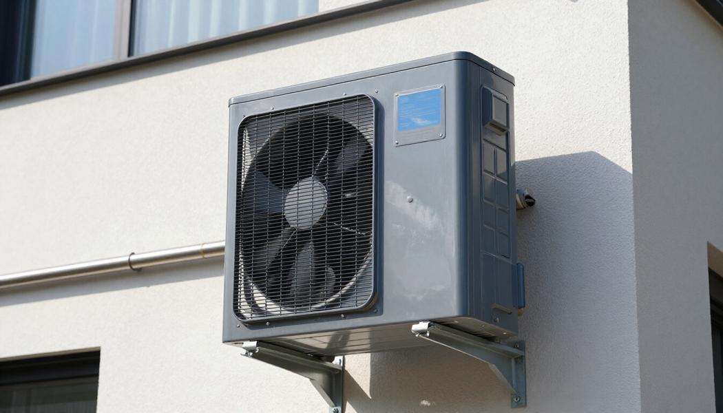 Un hombre está de pie en una escalera trabajando en un acondicionador de aire.