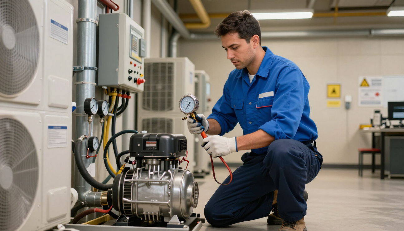 Una fila de aparatos de aire acondicionado están colocados en la parte superior de un edificio.