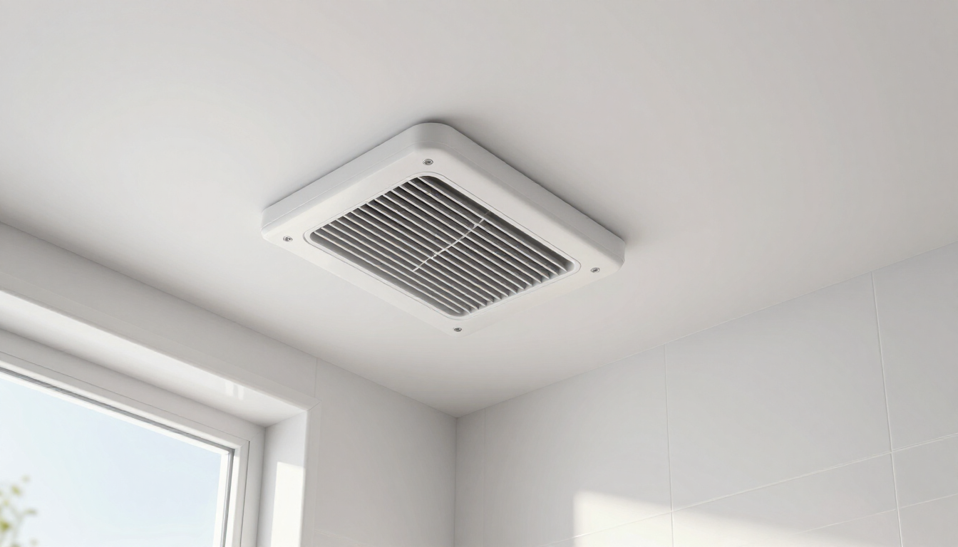 Rejilla de ventilación blanca en el techo, cerca de una ventana, en una habitación luminosa y vacía.