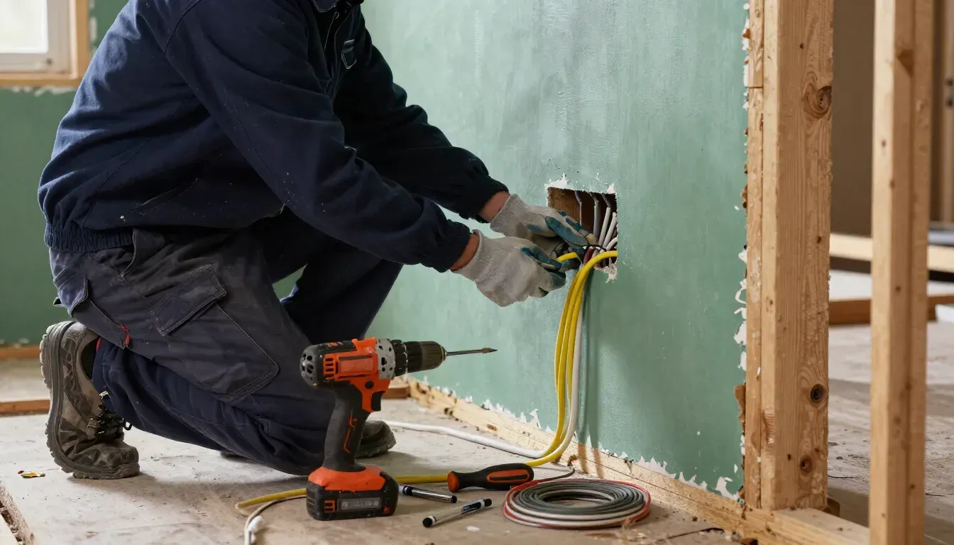 Un hombre está trabajando en una fila de acondicionadores de aire en el techo de un edificio.