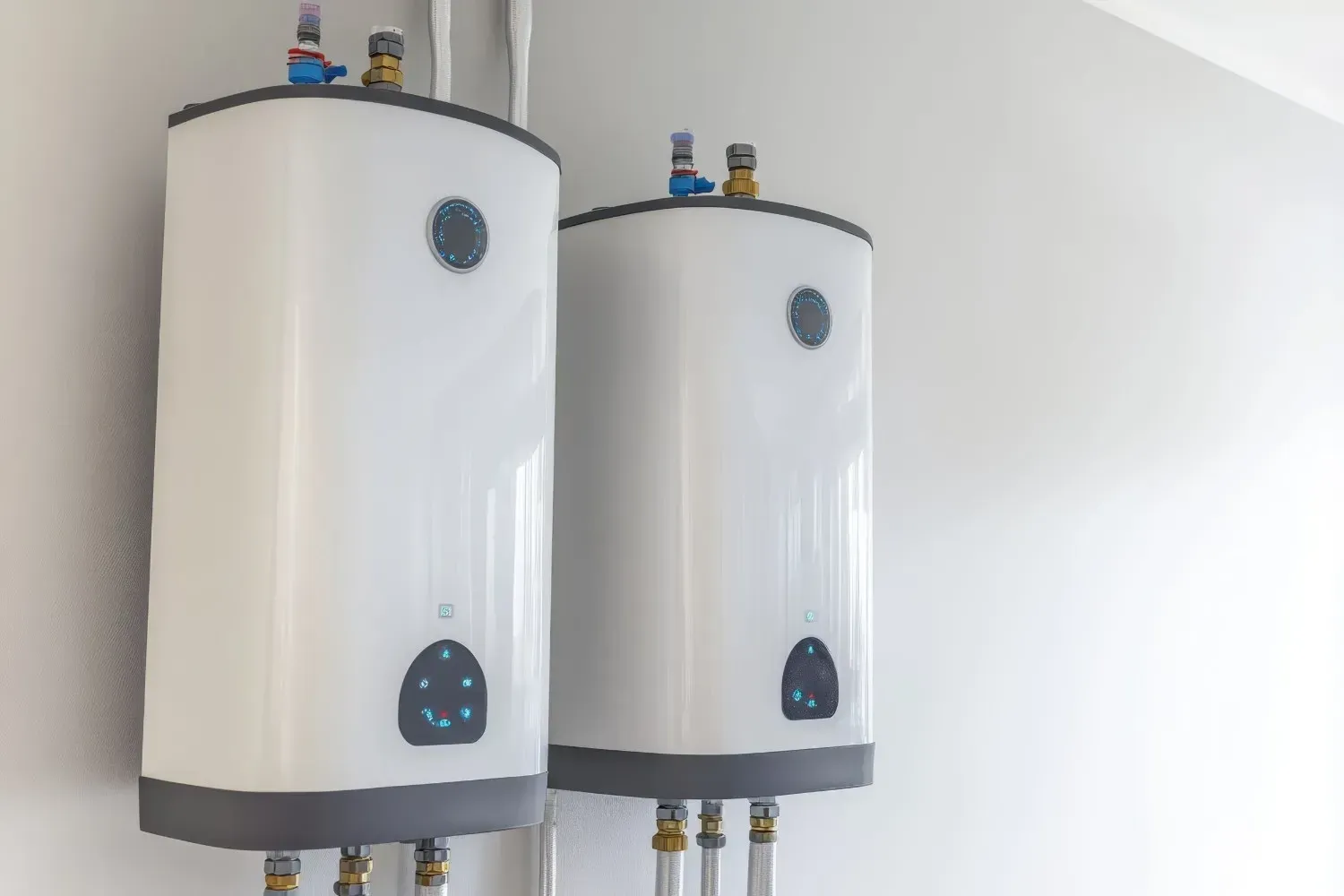 Dos calentadores de agua blancos montados en la pared, con tuberías y válvulas, sobre una pared blanca.