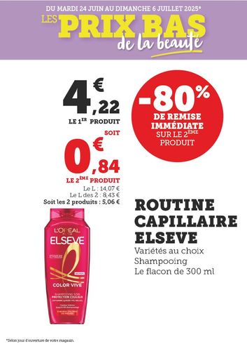 Shampooing routine capillaire Elseve, variété au choix, le flacon de 300 ml. 80 % de remise immédiate sur le 2e produit. 4,22 € le 1er produit soit 0.84 € le 2e produit soit les 2 produits : 5,06 €. Le litre : 14,07 € soit l litre des 2 produits : 8,43 €.