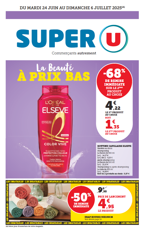 68 % de remise immédiate sur le second produit au choix de Routine capillaire Elseve soit 5,57 € les 2 produits (4,22 € le premier produit au choix et 1,35 € le second produit au choix). Variétés au choix. Shampooing flacon de 300 ml (soit 14,07 € le litre et 9,28 € le litre si par lot de 2). Après-shampooing flacon de 200 ml (21,10 € le litre). Shampooing ou après-shampooing le tube de 250 ml (16,88 € le litre). 50 % de remise immédiate, prix de lancement sur les draps-housses 90X190 cm soit 4,95 € au lieu de 9,90 €.