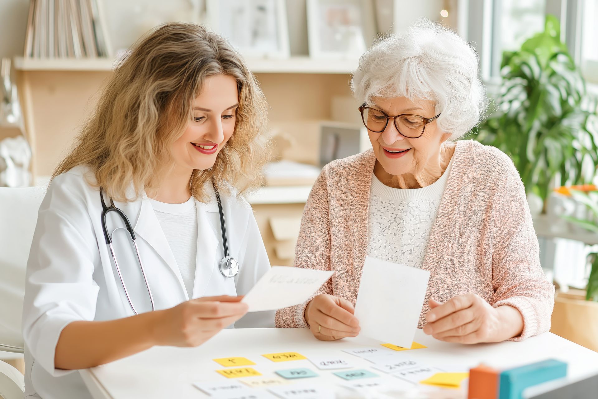Aide soignante qui fait un excercice cognitif avec sa patiente