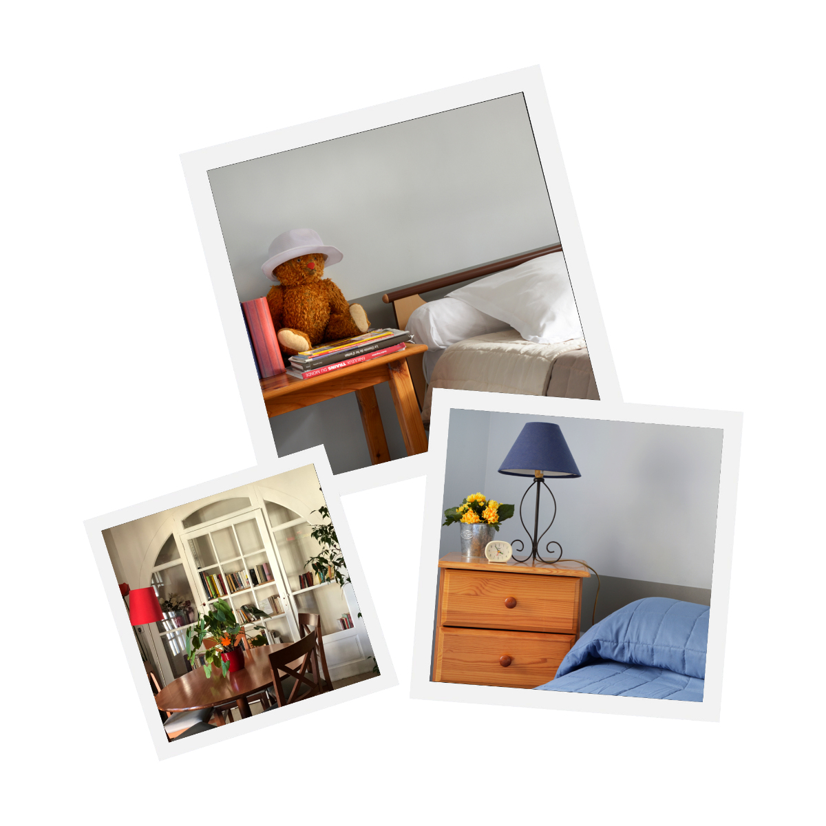 Deux tables de nuit dans des chambres et une pièce de vie