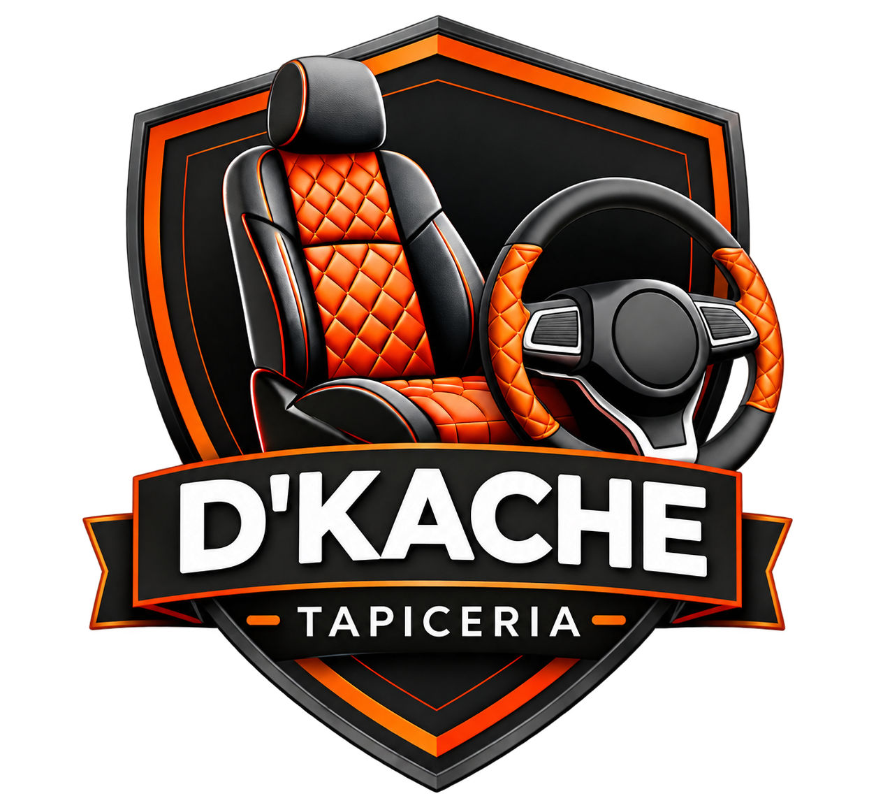 Logotipo de D'KACHE TAPICERIA con asiento de coche y volante en negro, naranja y gris sobre un emblema en forma de escudo.