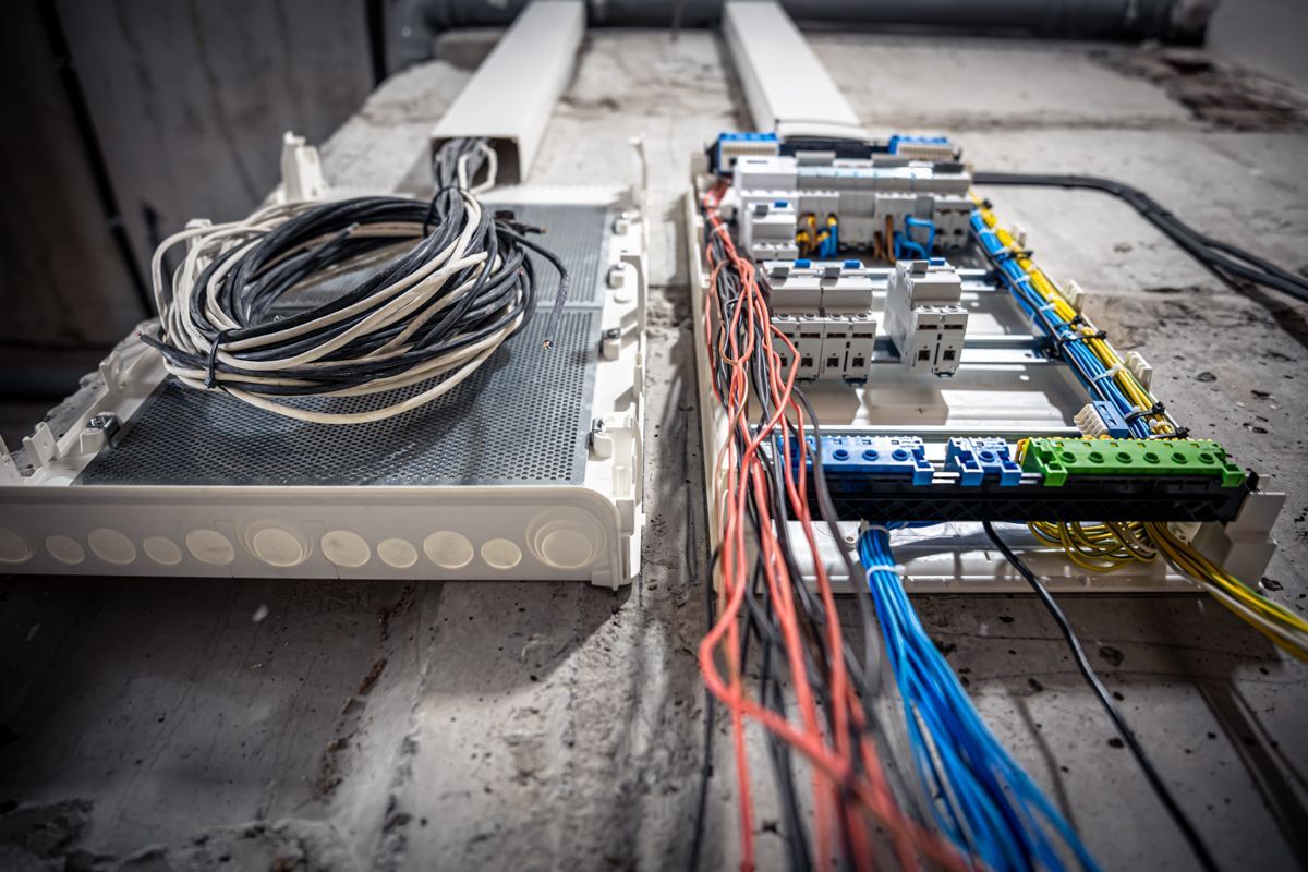 Ein Bündel Kabel liegt auf einem Tisch neben einem Schaltkasten.
