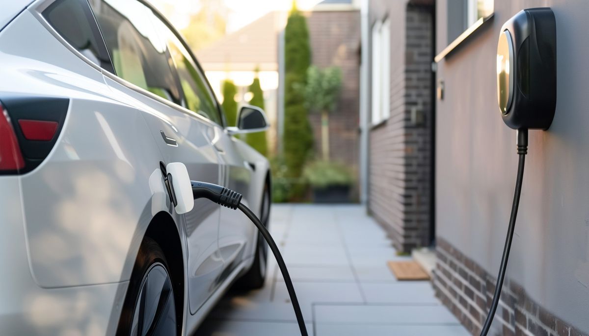 Laden eines silbernen Elektroautos an einer Ladestation in der heimischen Einfahrt