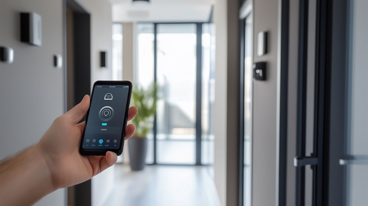 Eine Person hält in einem Flur ein Smartphone in der Hand.