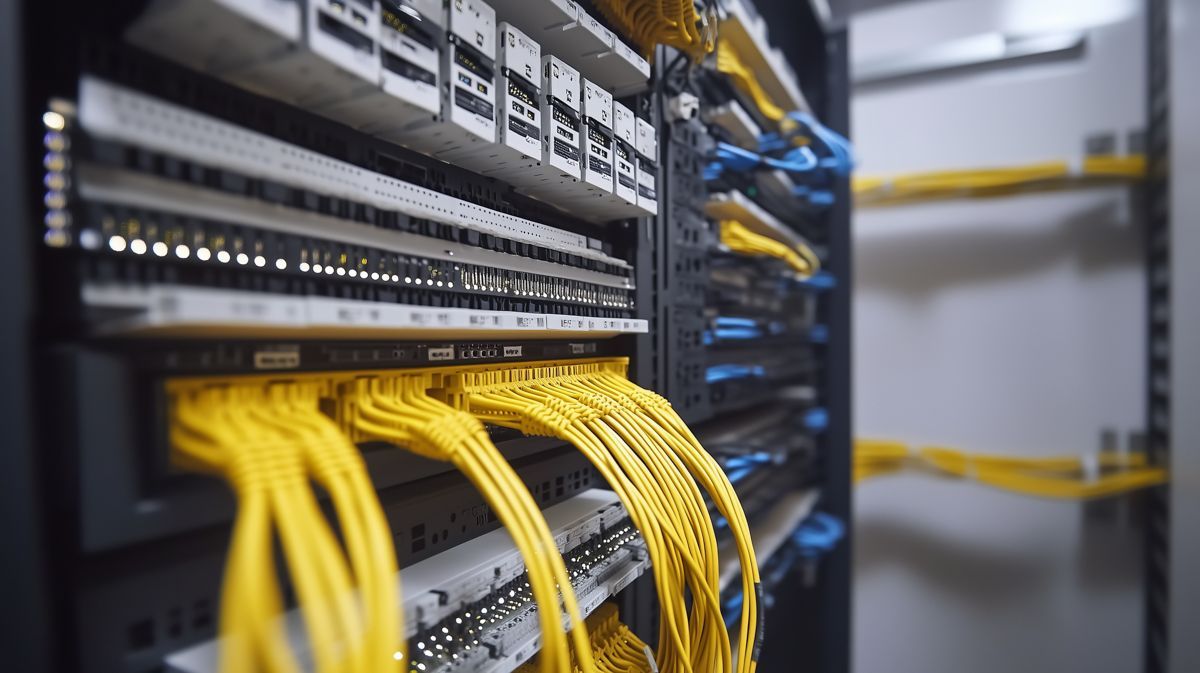 Gelbe Ethernet-Kabel sind an Netzwerk-Switches in einem Server-Rack-Rechenzentrum angeschlossen.