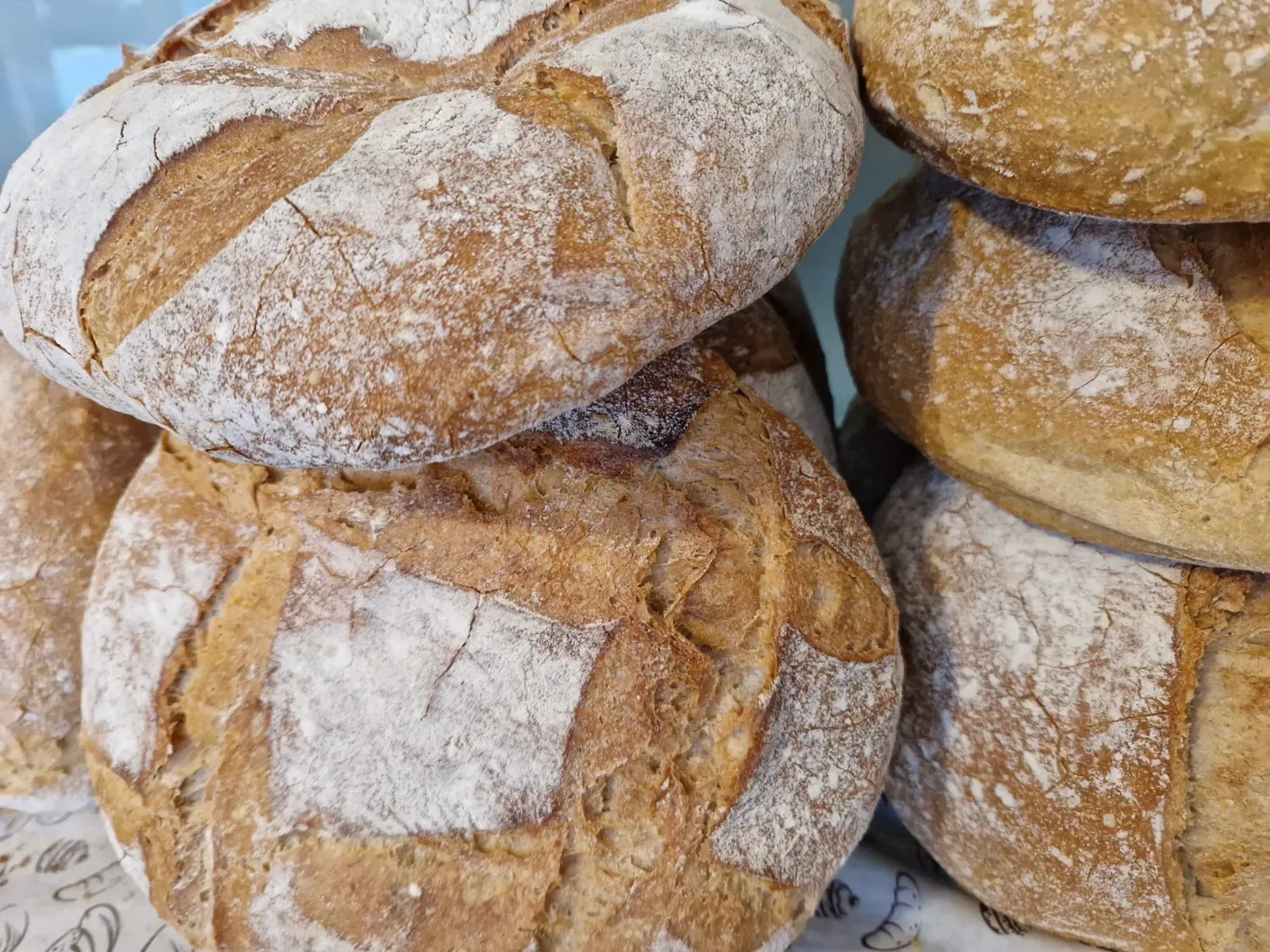 Hogazas de pan crujiente y redondo, apiladas en grandes cantidades y espolvoreadas con harina.