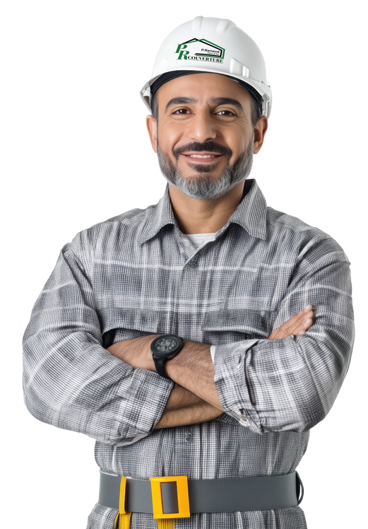 Homme en chemise avec un casque de chantier, les bras croisés