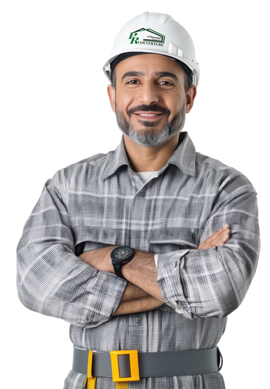 Homme en chemise avec un casque de chantier, les bras croisés