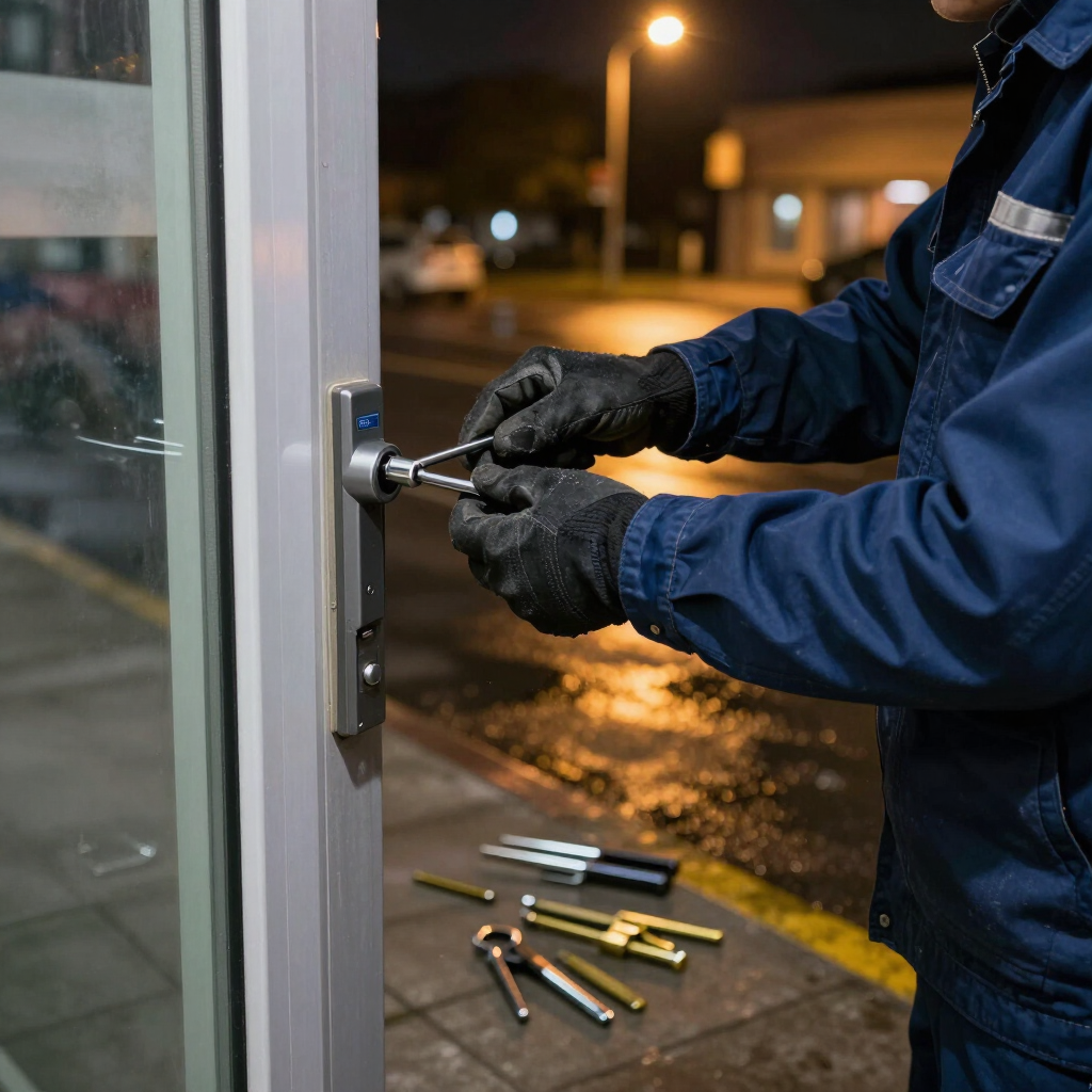 Manos enguantadas utilizando un destornillador para forzar la cerradura de una puerta de cristal por la noche, con las herramientas en el suelo.