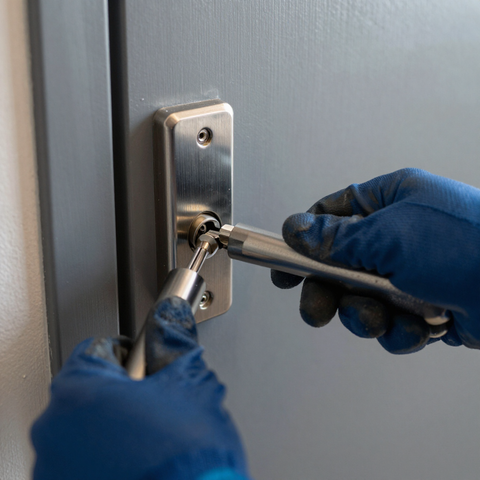 Manos enguantadas usando un destornillador para ajustar una cerradura plateada en una puerta gris.