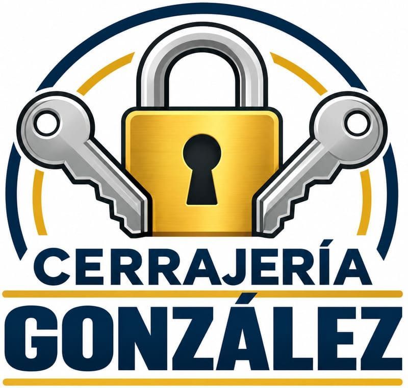 Logo de Cerrajería González con candado amarillo y dos llaves plateadas sobre fondo blanco.