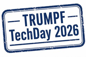Blaues Logo im Stempelstil mit der Aufschrift „TRUMPF TechDay 2026“ auf weißem Hintergrund