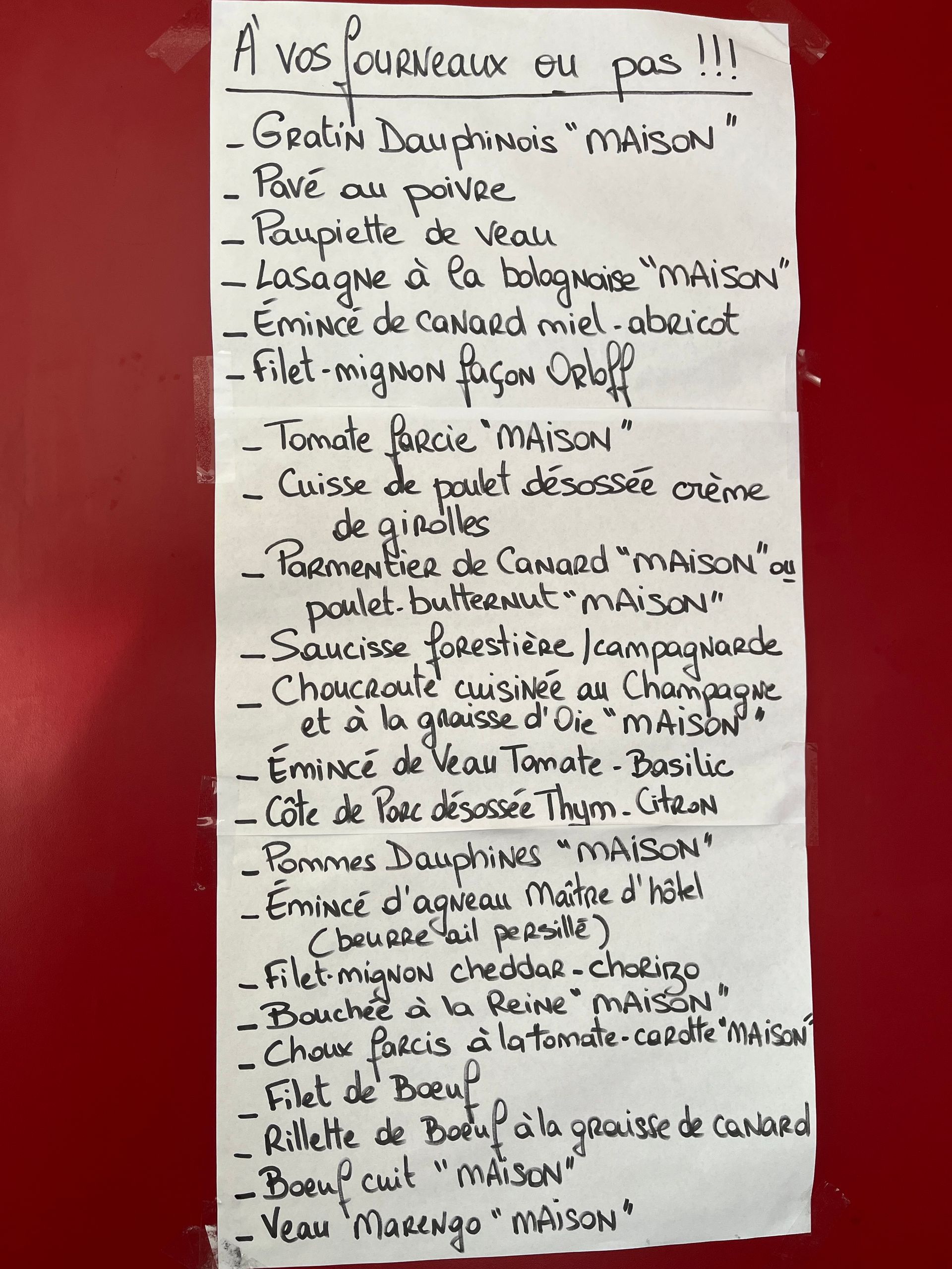 Liste de plats proposés