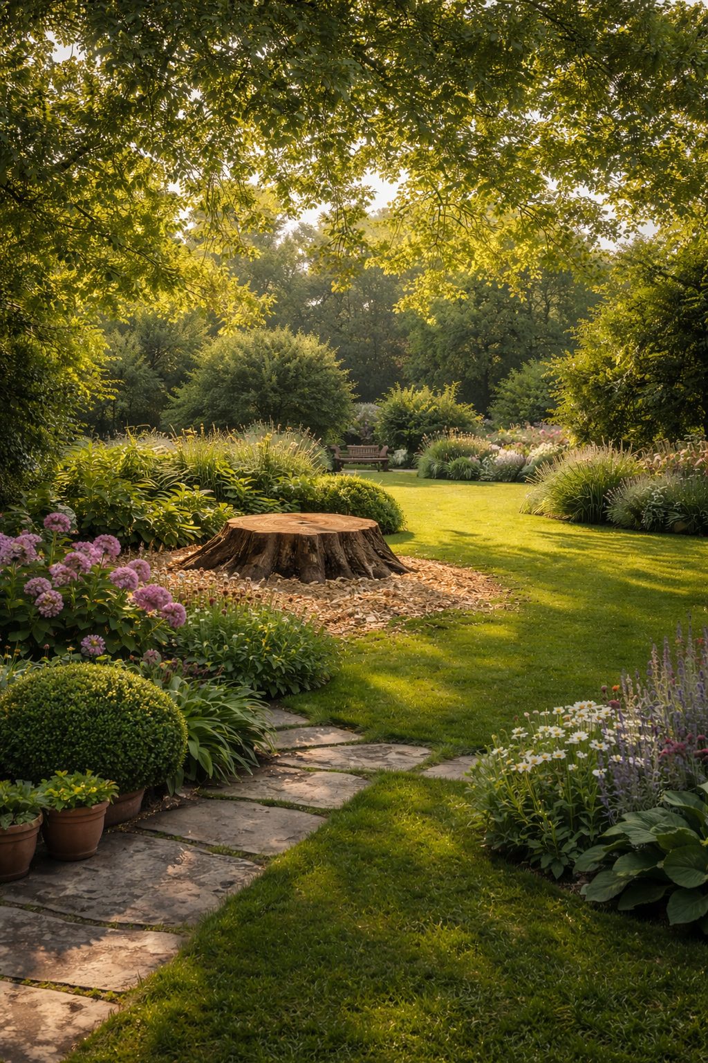 Un jardin ensoleillé avec un grand arbre, un chemin de pierre, des parterres de fleurs éclatants.