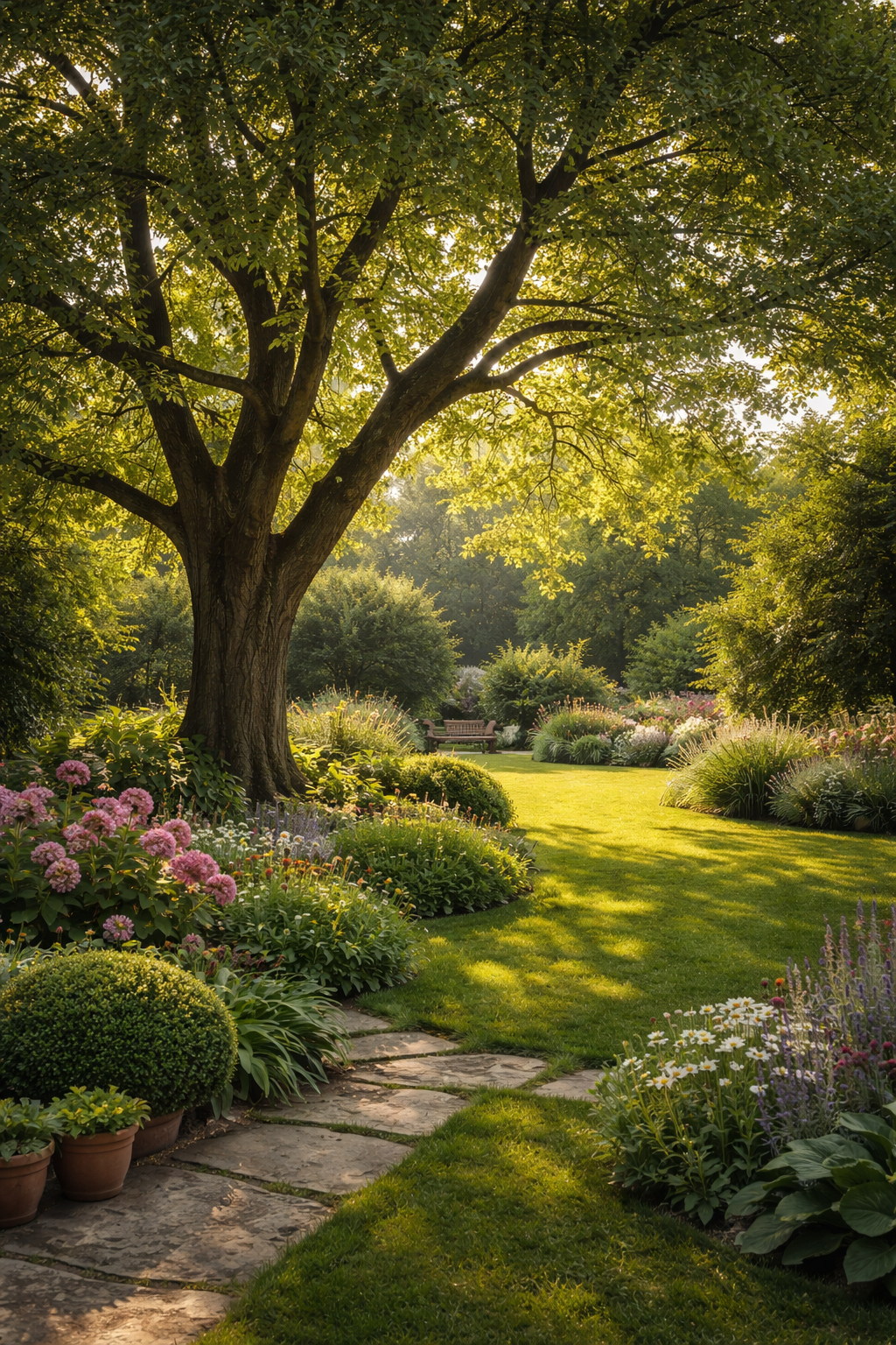 Un jardin ensoleillé avec un grand arbre, un chemin de pierre, des parterres de fleurs éclatants.