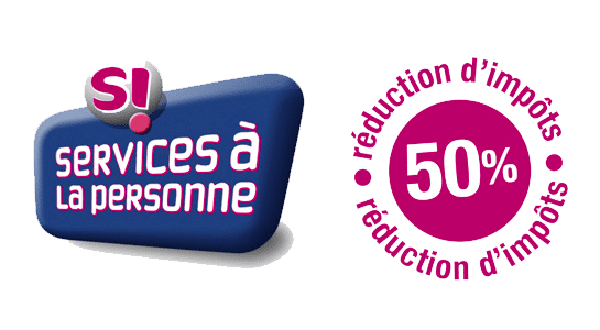 Logo pour services à la personne comportant un badge bleu et rose indiquant une réduction d'impôt de 50 %.