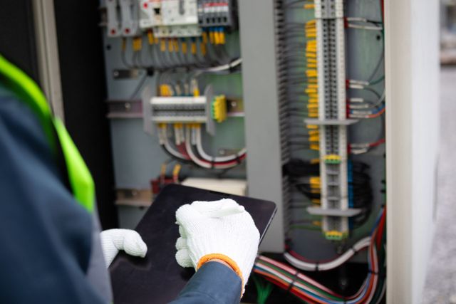 Techniker mit Handschuhen inspiziert offenen elektrischen Schaltschrank mit Kabeln und Klemmen.