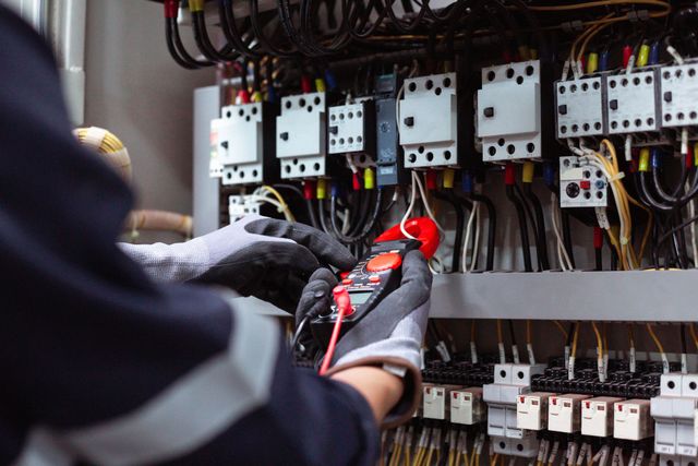 Techniker prüft elektrische Schalttafeln mit einem Multimeter in einem Verteilerschrank
