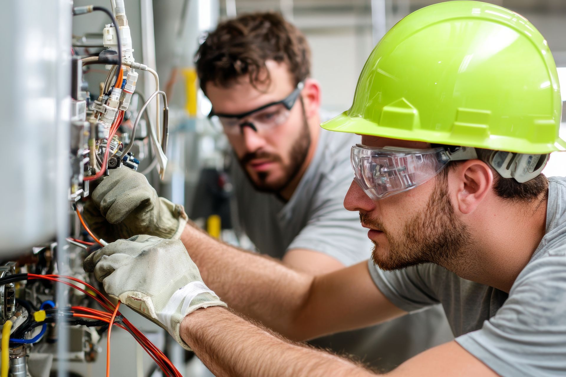 Due elettricisti in tuta di sicurezza lavorano sui cavi elettrici.