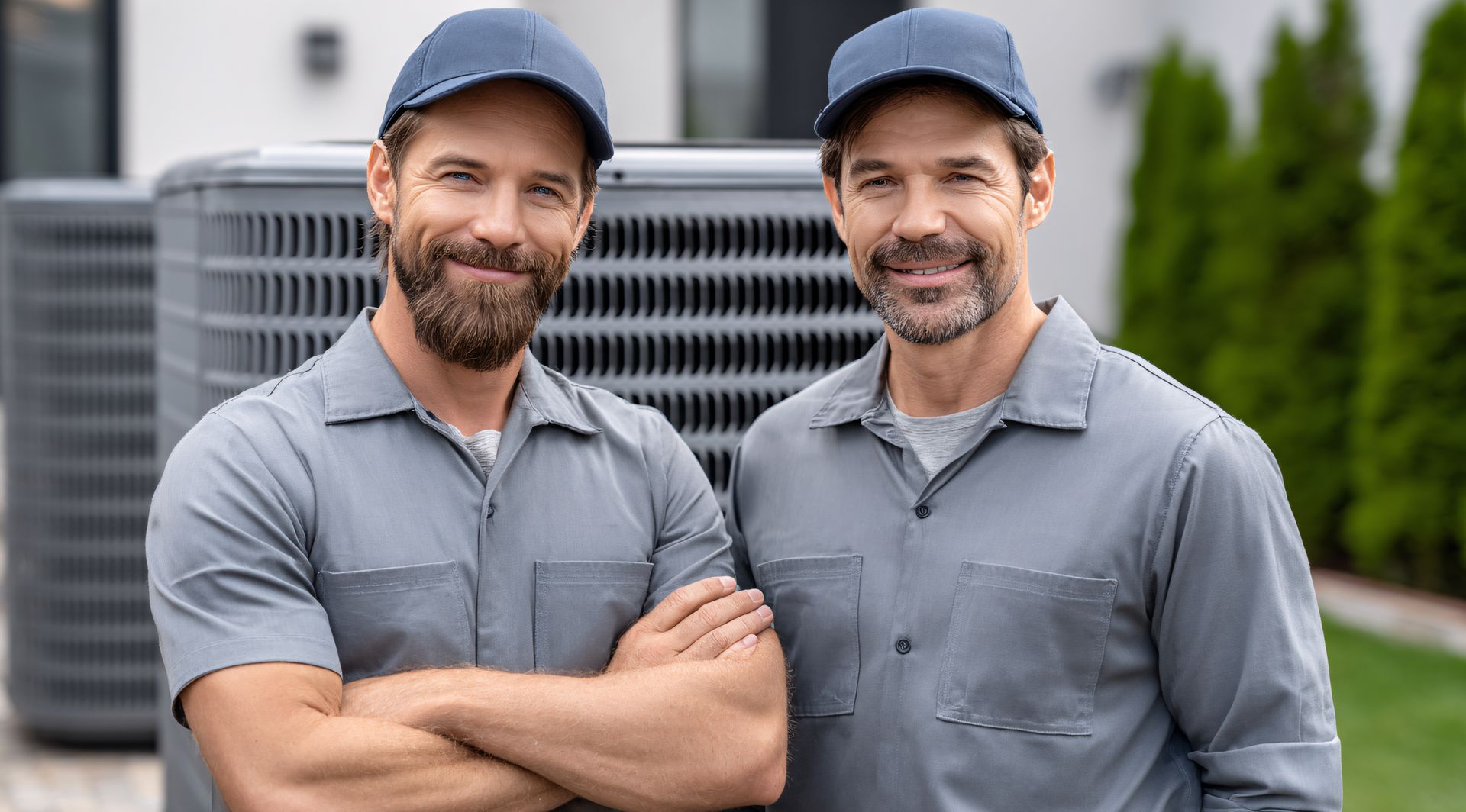 Due uomini in uniforme da lavoro grigia, con le braccia incrociate, davanti a un'unità HVAC.