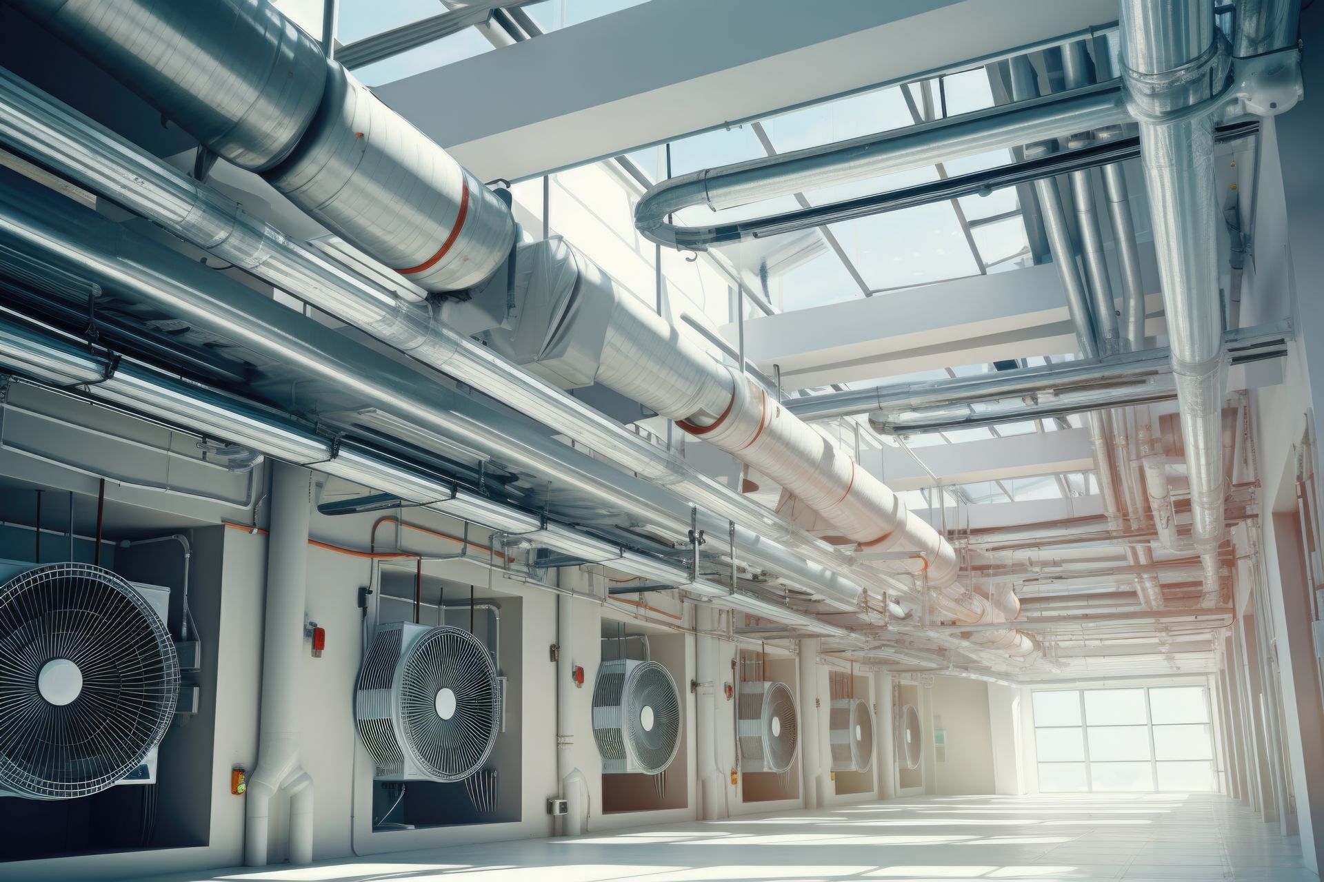 Interno industriale con ventilatori e tubi di ventilazione. Stanza luminosa e soleggiata.