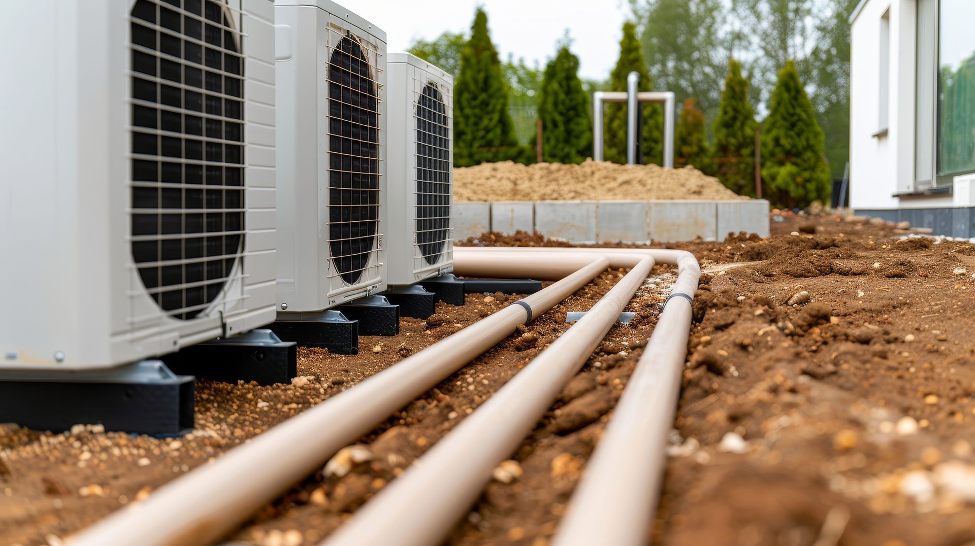 Unità di condizionamento dell'aria, con tubi beige, sono posizionate su un terreno sterrato vicino a un edificio.