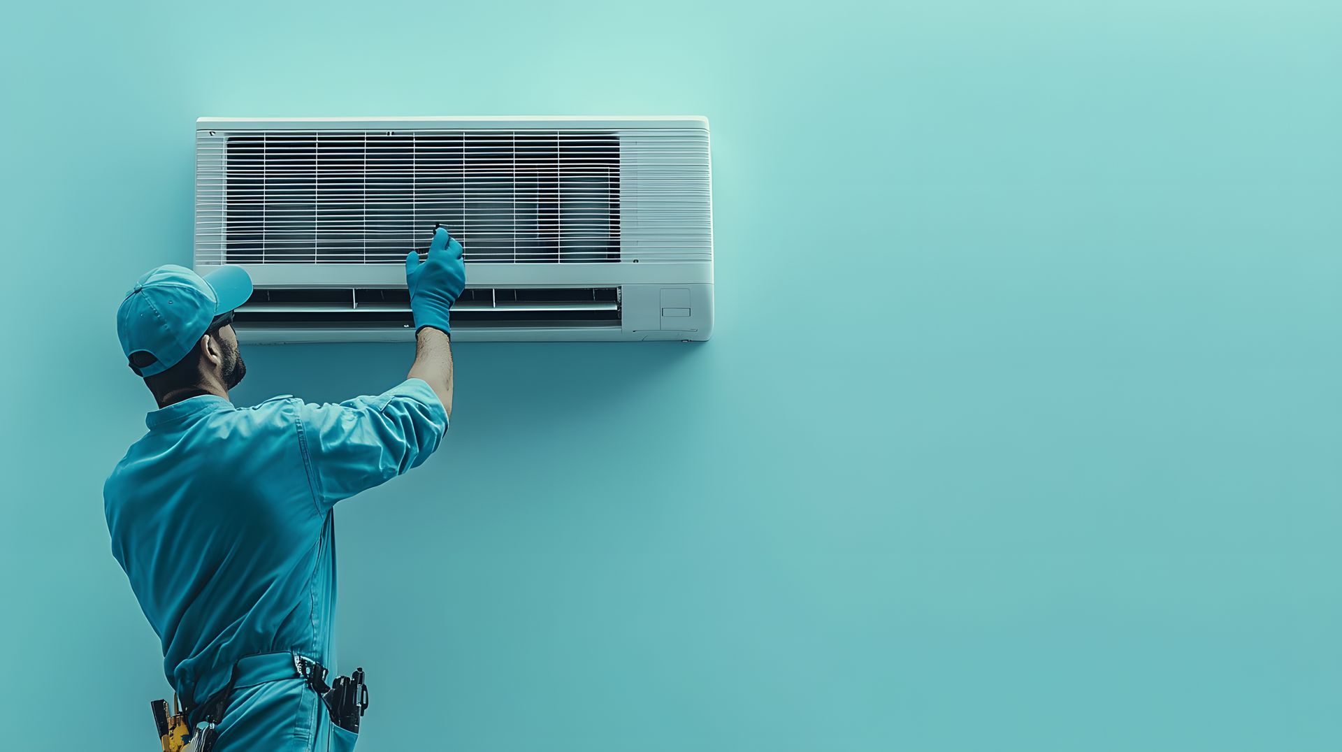 Un tecnico in uniforme blu sta riparando un condizionatore d'aria montato a parete su una parete blu.