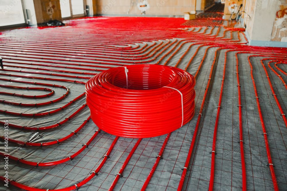 Tubi rossi per il riscaldamento a pavimento radiante disposti su un pavimento in cemento in un edificio.