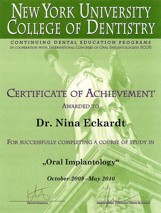 Certificate of Achievement für Dr. Nina Eckardt des College of Dentistry – Oral Implantology – Implantologie Zertifikat