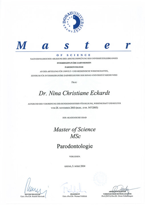 Abschlusszeugnis Master of Science Paradontologie für Dr. Nina Eckardt