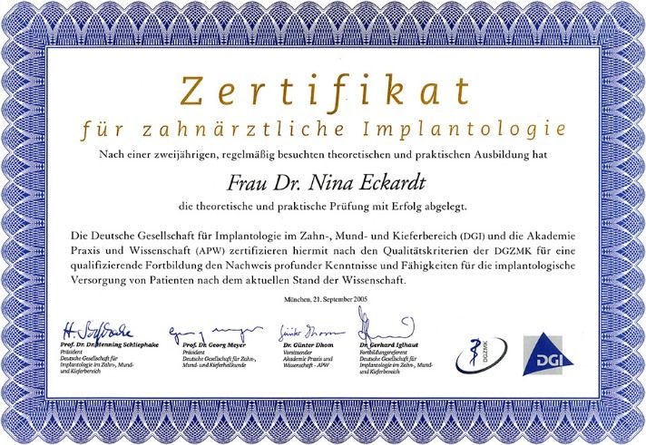 Zertifikat für zahnärztliche Implantologie für Dr. Nina Eckardt