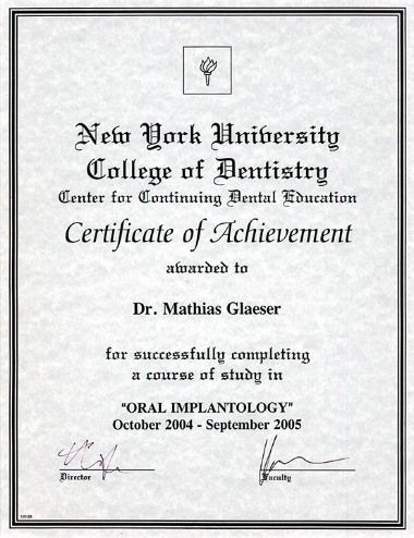 Certificate of Achievement der New York University College of Dentistry für Dr. Mathias Gläser für Oral Implantology