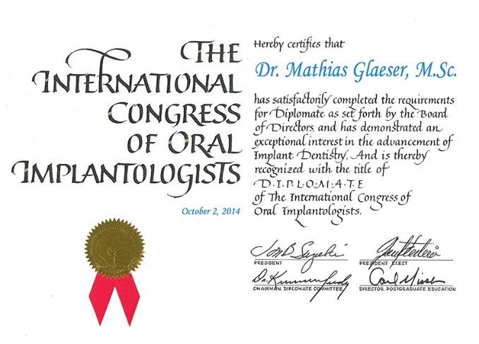 Diplomate Zertifikat für Dr. Mathias Gläser des International Congress of Oral Implantologists