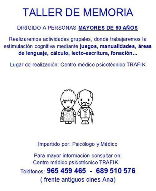 Cartel de “Taller de memoria” en el Centro Médico Psicotecnia TRAFIK, con texto y dibujo de dos niños.