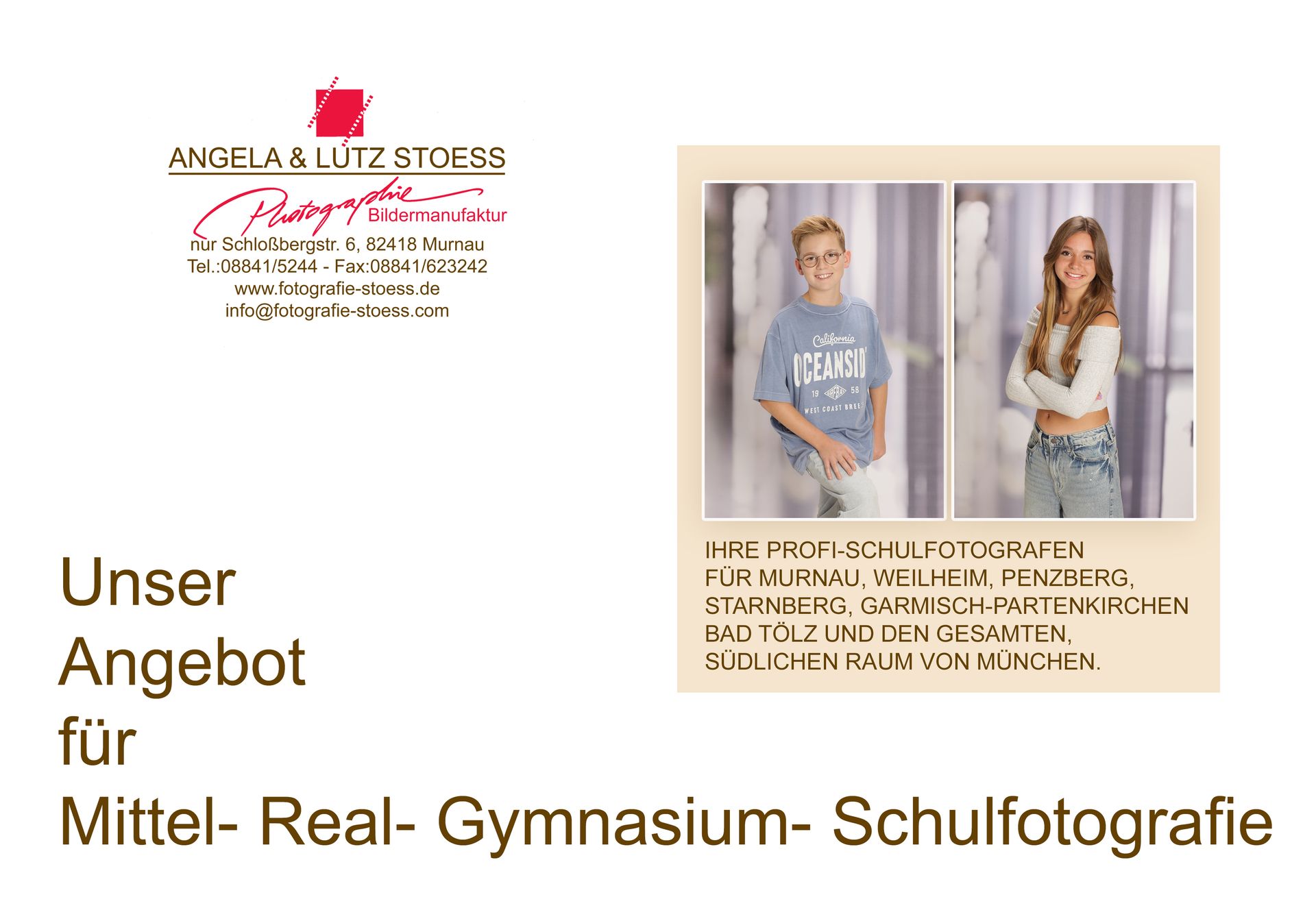Titelseite mit Angebot für Schulfotografie und zwei Kinderporträts.