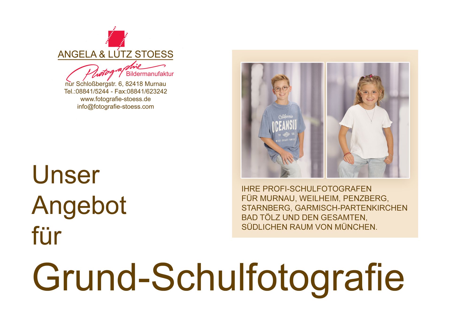 Titelseite einer Mappe für Grundschulfotografie mit zwei Kinderporträts.