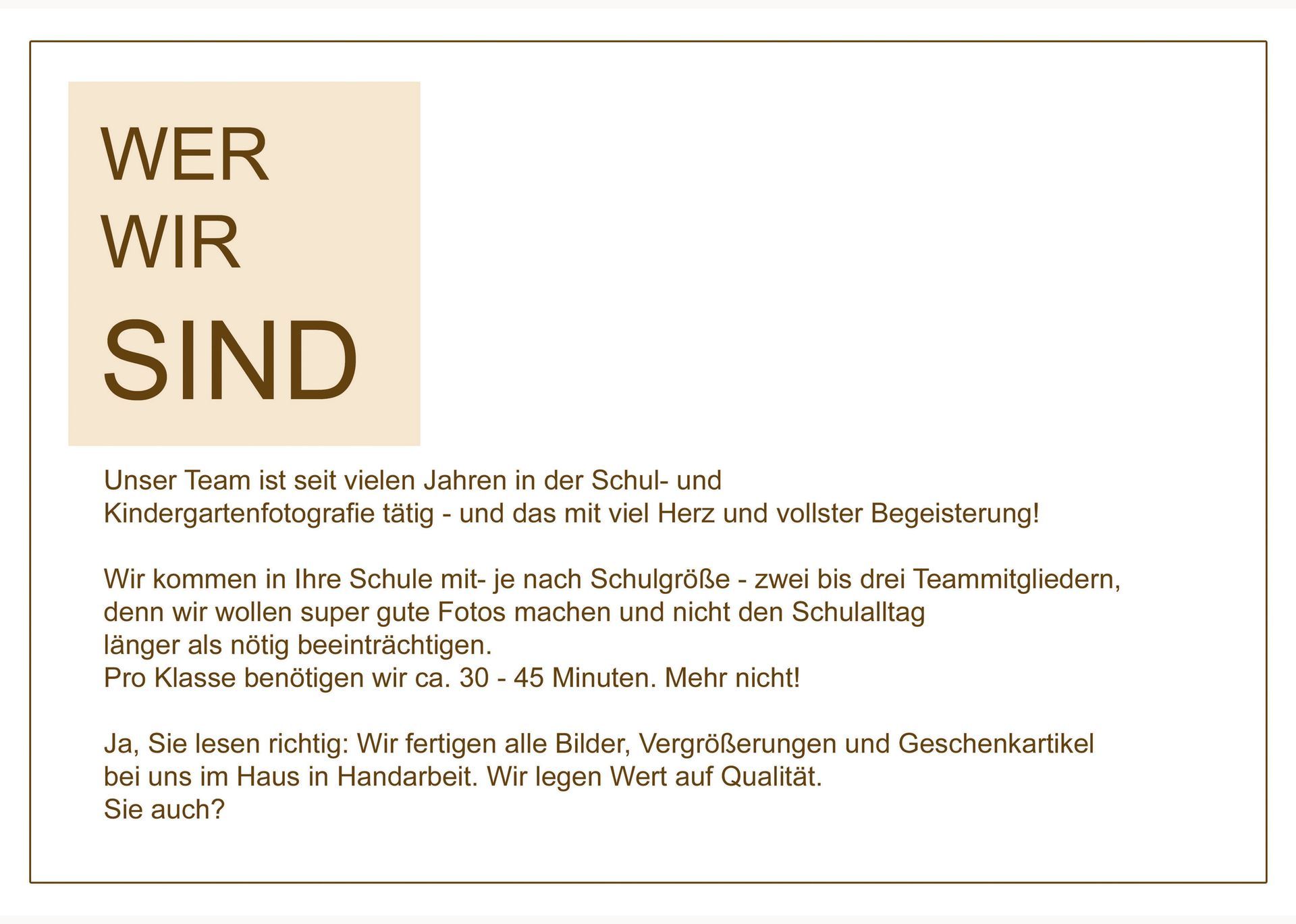 Seite mit der Überschrift „Wer wir sind“ und ausführlicher Beschreibung des Fotografieangebots.