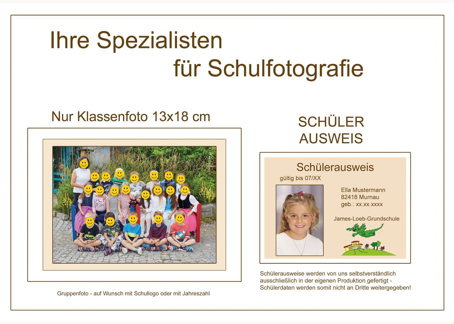 Seite über die Spezialisten für Schulfotografie mit Klassenfoto und Schülerausweis-Beispiel.