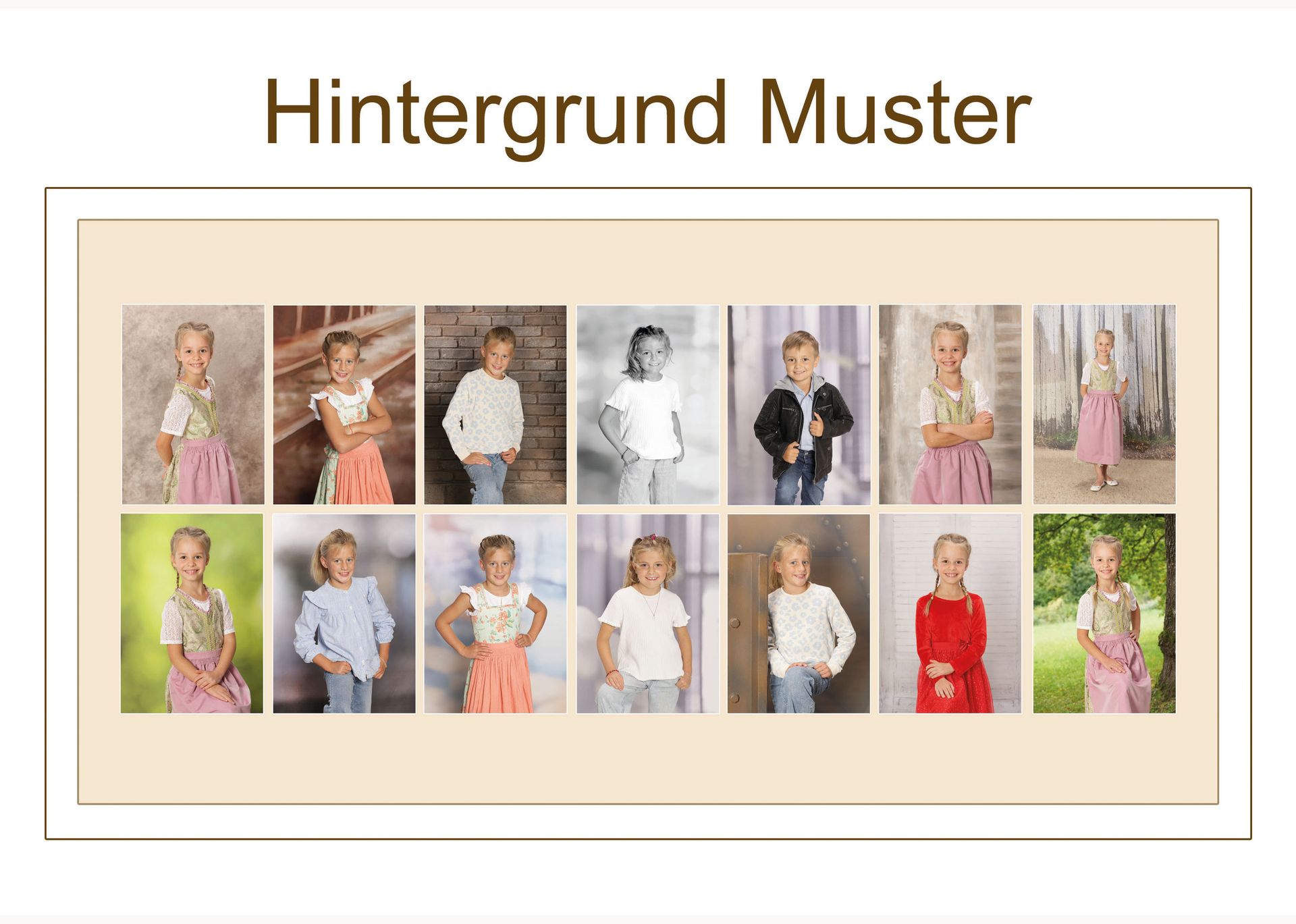 Übersicht verschiedener Hintergrundmuster mit mehreren Beispielporträts von Schülern.